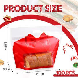 AmazingSpark 100 Pcs Christmas Bakery Gift Bags with Window 11.6 x 8.7 x 3.9 Inch, Red Bow Bread Bag with Handle & Zipper, Holiday Cookie Candy Treat Bags for Homemade Bread, Xmas Party Packaging