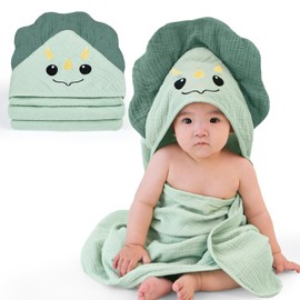FIOBEE Hooded Baby Towels 100% Muslin Baby Bath Towels for Newborn with Animal Design Ultra-Soft and Absorbent Bath Essentials for Toddler, Unisex Girls Boys 30 x 30 inch, Green Dinosaur