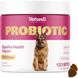 Vetwell Probiotics for Dogs - 120 Chews, Digestive Care with Dog Probiotics Enterococcus Faecium, Colostrum from Bovine, Prebiotic Chicory Inulin, Liver Flavour Dog Probiotic Supplements