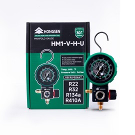 Hong Sen R410A, R32 Single AC Charging Gauge, 800 PSI High-Pressure HVAC Gauge with Brass Body, Foldable Hook, and Shock-Resistant Housing