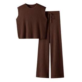 Imily Bela Womens 2 Piece Outfits Sweater Sets Knit Summer Casual Crewneck Sleeveless Tops Wide Leg Pants Tracksuits, Coffee, Small