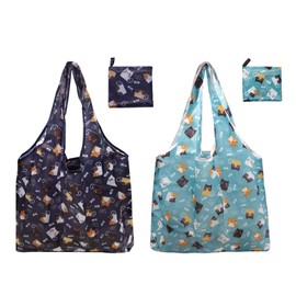 Long Keeper Pack of 2 Reusable Shopping Bags Large Foldable Shopping Bag Washable Travel Shopping Bags Lightweight Portable Shopping Bags, navy cat+blue cat