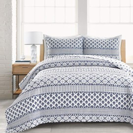 Lush Decor Monique Stripe 3 Piece Quilt Set, Full/Queen, Navy