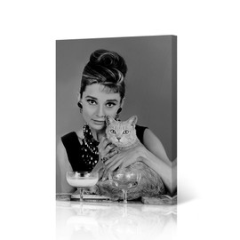 HB Art Design Audrey Hepburn Wall Art her Cat Breakfast at Tiffany's Movie Black and White Portrait Canvas Wall Art Canvas Print Wall Decor Artwork Bedroom Decor Living Room Decor Made in USA 12x8