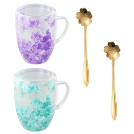 Anseom Pack of 2 Dried Flowers Double Glass, 350 ml Double-Walled Glasses with Handle, Flowers Double-Walled Coffee Glasses Gift for Women, Thermal Glasses Double Walled for Cappuccino Tea Milk Latte