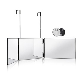 HIEEY 3 Way Mirror for Hair Cutting,360 Trifold Mirror with Height Adjustable Telescoping Hooks,and 5X Magnification,for Makeup, Hair Styling
