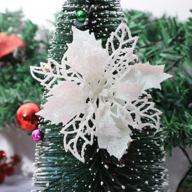 LEMCC 10PCS Artificial Poinsettia Christmas Flowers Decorations with Clips White Poinsettia Flowers Glitter Christmas Tree Ornaments for Xmas Wedding Party Wreath DIY