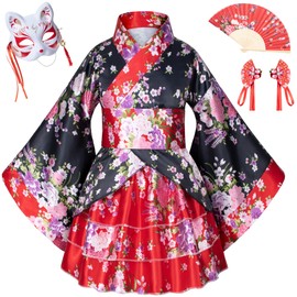 Elibelle Japanese traditional dress kimono robe for kids girls costume silk folding fans hairstick fox mask set(red back 110cm)