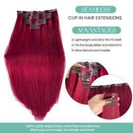 Seamless Clip in Hair Extensions Human Hair, Burgundy Hair Extensions Real Human Hair Clip in Extensions 7pcs 100G 22 Inch, Ubetta Clip in Hair Extensions Real Human Hair Extensions for Women