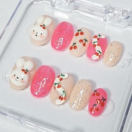 Cherry Rabbit Handmade Nail Tips - Long Stiletto / 체리 토끼 수제네일팁 - 롱 스틸레토