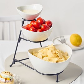 Gomakren 3 Tiered Oval Serving Bowl With Collapsible Metal Rack, Chip and Dip Serving Set, Dessert Appetizer, Candy, Fruit, Vegetable Bowl Set, White Serving Bowls For Entertaining (Black Stand)