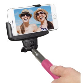 Kitvision Lightweight Extendable Telescopic Handheld Selfie Stick Pole/Monopod (Extends to 110cm) with Built-In Bluetooth Remote, 3 x "Selfie Smiles" and Phone Holder Compatible with Android and iOS Smartphones, Cameras and Action Cameras - Pink