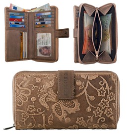 STILORD 'Greta' Vintage Damen Geldbörse Leder Portemonnaie Blumen Muster Große Geldbörse Lianen Gross Quer 13x EC-Karten und Kleingeld aus Rindsleder, Farbe:Sepia - braun