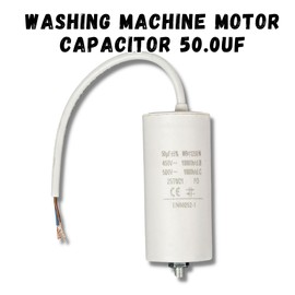 Invero Washing Machine Motor Capacitor 50.0uf - 450V Wired 250mm Cable - Dimensions: 50 x 109 mm - White