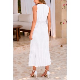 PRETTYGARDEN Women's Midi Summer Dresses Casual V Neck Swiss Dot Ruffle Sleeveless A Line Beach Sun Dress (White,Small)