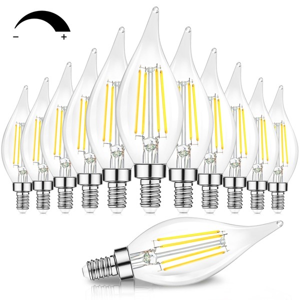 TOBUSA Dimmable E12 Candelabra LED Bulbs 60 Watt Incandescent Equivalent, 5000K Daylight White, Clear Filament Chandelier Light Bulb 6W, 600lm, CA11 Vintage Ceiling Fan with Flame Tip, 12-Pack