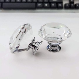 MACHSWON 2 PCS 30mm Crystal Glass Door Knobs Diamond Cut Drawer Pull Handles with M4*22mm Screws for Cupboard Cabinet Wardrobe Home Decorating Silver Base Transparent