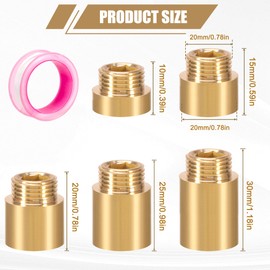 Brass Tap Extension 1/2 Inch, Pack of 5 Thread Extension x 10 mm, 15 mm, 20 mm, 25 mm, 30 mm Brass Extension Fitting, Connection Extension for Drinking Water and Heating Installation