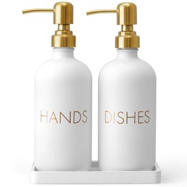 GCWSTJK Glass Dish and Hand Soap Dispenser Set - Kitchen Soap Dispenser with Tray and Stainless Steel Pump - for Modern Gold Kitchen Decor and Accessories