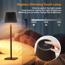 tomvorks 2 Pack Cordless Table Lamp, Portable Outdoor LED Desk Lamp with 3 Color Stepless Dimming Up, Battery Operated Lamps for Restaurant Couple Dinner Bedroom Camping Bars (Black)