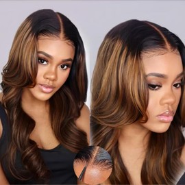 KLAIYI Pre Everything 13x4 Glueless Wig Ombre Brown Body Wave Pre Cut Lace Front Wigs Human Hair Pre Plucked Pre Bleached Wear and Go Wig with Dark Roots 12A Highlight Balayage 3S Ready To Wear 18Inch