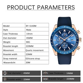 BENYAR Classic Fashion Quartz Chronograph Watch Casual Sport 30M Waterproof Leather Band Mens Watches (Golden Blue)