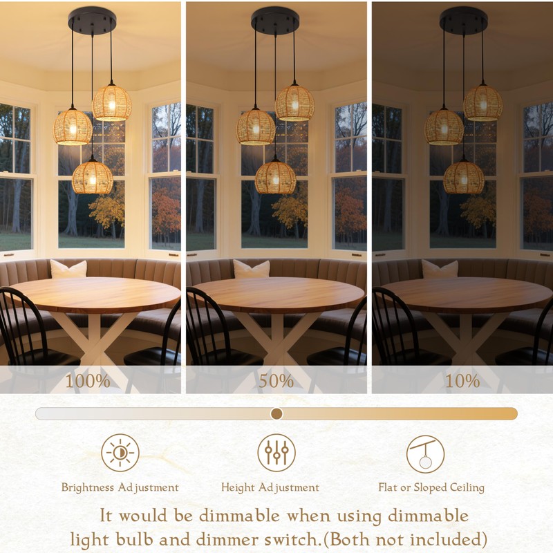 3-Light Mini Hemp Rope Woven Pendant Light Kitchen Island,3 Dome
