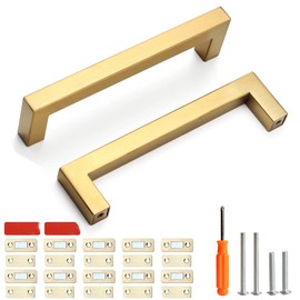 Redunest Cabinet Pulls Gold Cabinet Handles 10 Pack 5 Inch Square Drawer Pulls and 10 Pack Cabinet Magnetic Catch, Stainless Steel Kitchen Door Cupboard Cabinet Handles, 128mm Hole Centers