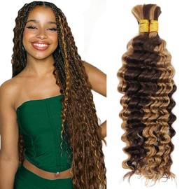 22 Inch Human Braiding Hair Deep Wave Ombre Braiding Hair 100g 2 Bundles/Pack Curly Bulk Human Hair for Braiding Wet and Wavy No Weft P4/27 Highlight Brown Human Braiding Hair for Boho Braids