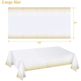 POPOYU 2Pcs White and Gold Dot Confetti Party Table Cloth 54 * 108 inch Large Plastic Waterproof Table Cover Rectangular Tablecloth for Birthday,Baby Shower,Wedding,Picnic,Party Decoration