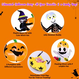 LOYO Halloween Inflatables Outdoor - 8.8 FT Halloween Blow Ups with Treat Bag & Four Character - Pumpkin, Ghost, Black Cat & Skeleton, Inflatable Decorations with Lights for Outside, Lawn, Yard Decor