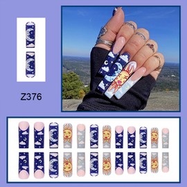 Blue French Tip Press on Nails Coffin Extra Long Fake Nails Sun Moon Clouds Designs False Nails Full Cover Stick on Nails Ballerina Acrylic Artificial Nails Glue on Nails for Women 24Pcs