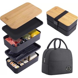 Générique Black Lunch Box with Cutlery and Insulated Bag, Ideal for Adults and Students for Work, School and Travel