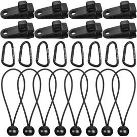 Tarp Clips Lock Grip Tarp Clamps with Bungee Cord and Carabiner for Tent Camping Awnings Caravan Canopies Car Cover Swimming Pool Cover Boat Cover Fasteners Clips 24 Pcs