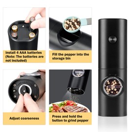 Electric Pepper Grinder or Salt Mill, Battery Powered Automatic Pepper Mill, Ceramic Grinder with Adjustable Coarseness, LED Light, One Hand Operation (1 pack)
