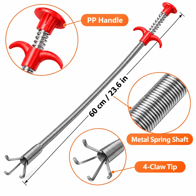 60cm Flexible Drain Snake with 4-Claw Grabber – Spring-Loaded Pipe