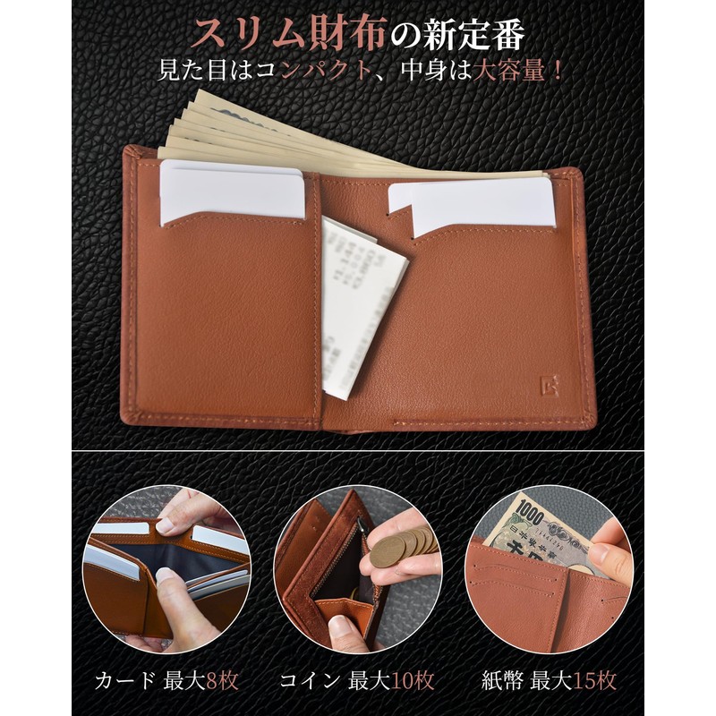 Kawaoto Men's Wallet 2-Fold Thin Pueblo Leather Genuine Leather Compact