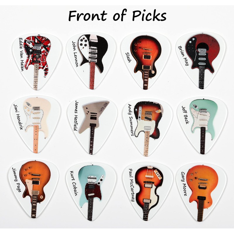 Tin of 12 Guitar Plectrums Featuring 24 Famous Guitars -