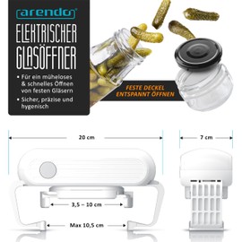 Arendo - Automatic Jar Opener - Electric Lid Opener for Sealed Jars - Jar Opener - Hands-Free Screw Lid Opener - Kitchen Aid for Seniors - Model 2025