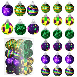 Lenwen 24 Pcs Mardi Gras Ball Ornaments for Tree Mardi Gras Tree Decorations Glitter Sequin Balls for Carnival Party Decor