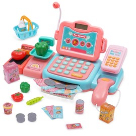 Toy Cash Register for Kids Play Cash Register Toys Play Store with Beverage Machine Hamburger Sandwich Fries Egg Tart Play Money Food Toys Gift for Toddlers Boys Girls