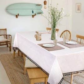 MYSKY HOME Table Cloth 60x102 in Rectangle Table, Cotton Tassel Linen Look Waterproof Tablecloths Farmhouse Tablecloth, Wrinkle Free Table Cover with Black Tassels for Kitchen Dining, Party