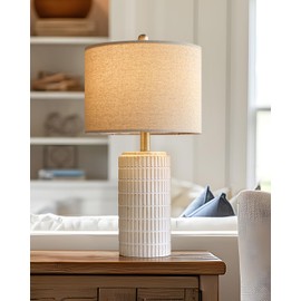 PoKat 23'' Bedside Table Lamp for Bedroom Nightstand - Ceramic Lamp for Living Room, White Night Stand Light Lamp with Round Linen Shade, Modern Bedroom Lamp Beige