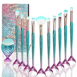 Mermaid Makeup Brushes Set with Bag Citicolor Chubby Fish Foundation Brush 11pcs Soft Nylon Bristles Beauty Make Up Kits, Blending Blush concealer Eye