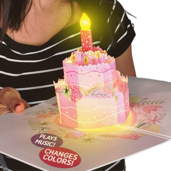 100 GREETINGS Birthday LIGHTS & MUSIC Pink Cake Card – Plays Hit Song JUST THE WAY YOU ARE – Pop Up Birthday Card for Wife, Girlfriend, Mom - Pop Up Birthday Cards for Women – Musical Birthday Cards