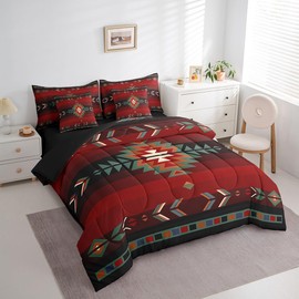 Feelyou King Size Southwest Native Design 7 Piece Bedding Set Southwestern Geometric 7 Piece Bedding Set Tribal Bed Set Includes Comforter, Sheet Set, Pillowcases & Pillow Covers Red Green