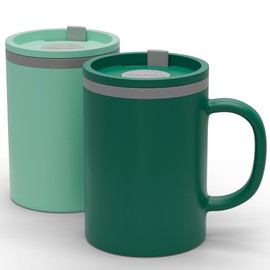 Copco Iconic 12oz Double Wall Insulated Desk Mug with Lid & Handle, Set of 2, BPA-Free Reusable Plastic, Spill-Proof, Microwave & Dishwasher Safe, Wide Mouth, Cup Holder Friendly (Green/Hunter Green)