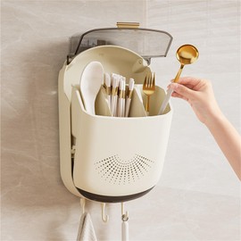 Niwugady Chopsticks Box Wall Hanging Ventilation Cutlery Basket Kitchen Utensils Plastic Cutlery Organizer with Drain Holes Bottom Hooks Lid Wall Mounted