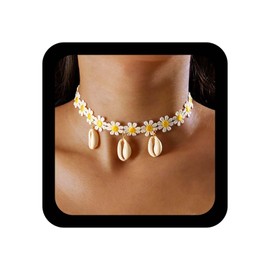 Cybche Boho Flower Lace Necklace Choker Wedding Cowrie Shell Pendant Necklace Daisy Floral Short Lace Tattoo Necklaces Chain Jewelry for Women