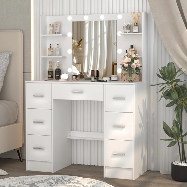 Yamissi White Makeup Vanity Table With LED Lights Mirror &